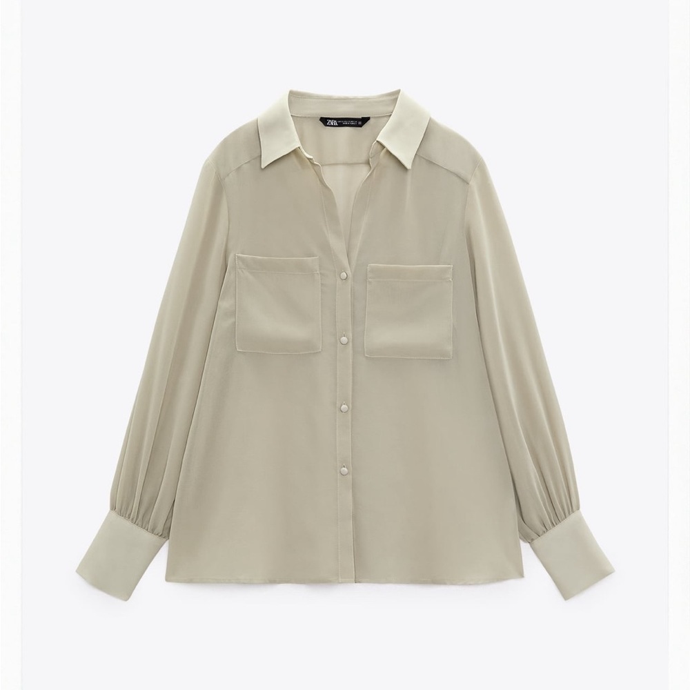 Semi Sheer Patch Pocket Button Down Blouse S Zara Beige